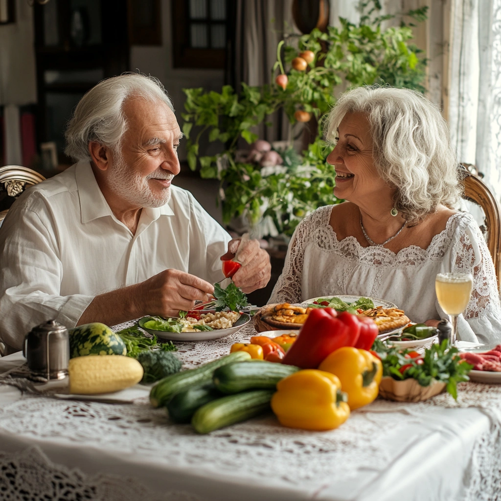 Щаслива пара пенсіонерів насолоджується здоровою їжею